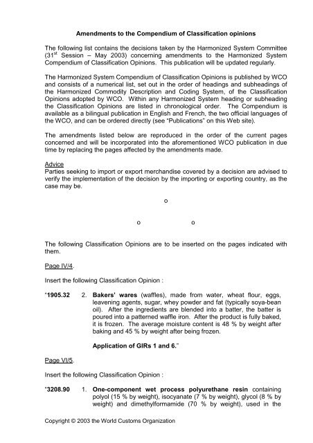 Amendments to the Compendium of Classification opinions ... - WCO