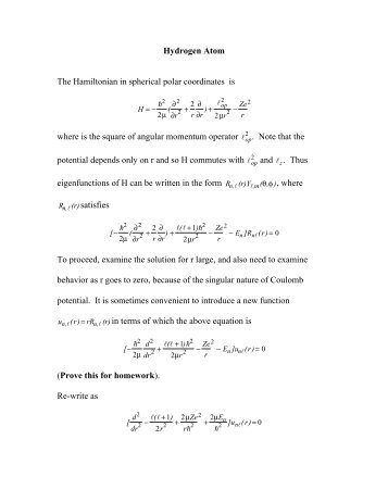 Hydrogen Atom The Hamiltonian in spherical polar ... - Chemistry