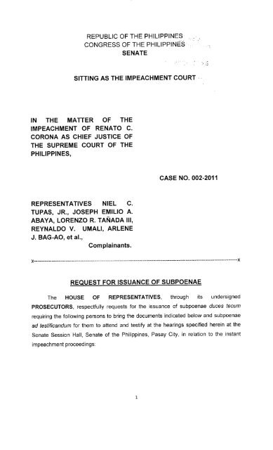 Request for Issuance of Subpoena (COS SC)