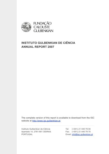 INSTITUTO GULBENKIAN DE CIÃŠNCIA ANNUAL REPORT 2007