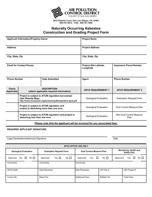 Project/ Exemption Form - Air Pollution Control District