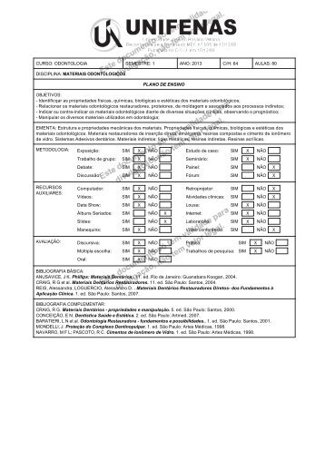 MATERIAIS ODONTOLOGICOS PLANO DE ENSINO OBJETIVOS