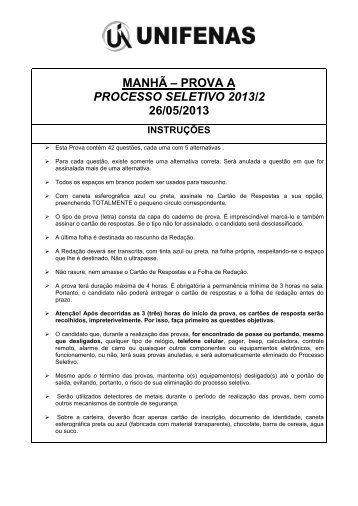 MANHÃ – PROVA A PROCESSO SELETIVO 2013/2 26 ... - Unifenas