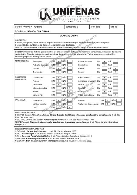 parasitologia clinica - Portal dos Professores da UNIFENAS