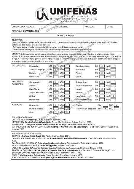 1 ANO: 2012 C/H: 80 DISCIPLINA: ESTOMATOLOGIA PLANO DE ...