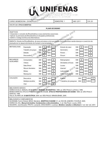1 ANO: 2011 C/H: 20 DISCIPLINA: ETICA E BIOETICA PLANO DE ...