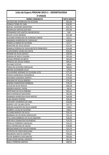 Lista de Espera PROUNI 2013-1 - ODONTOLOGIA 3 ... - Unifenas