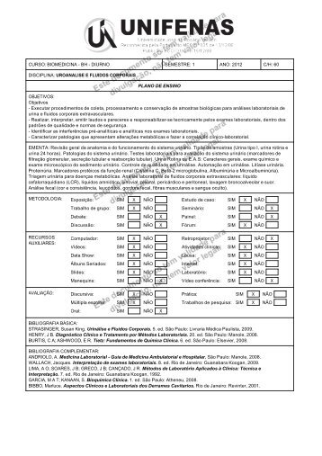 1 ano: 2012 c/h: 60 disciplina: uroanalise e fluidos corporais plano ...