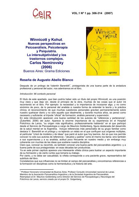 Winnicott y Kohut. Carlos Nemirovsky (2006) - Psicoterapia Relacional