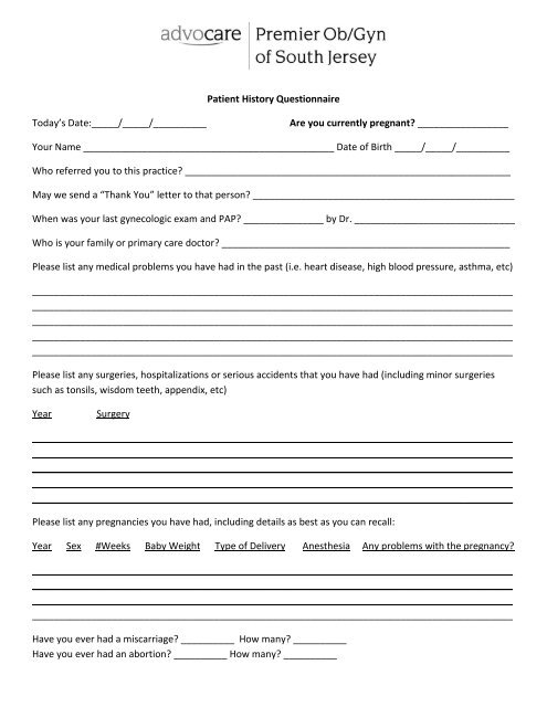 Patient History Questionnaire - Advocare