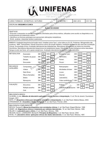 1 ano: 2012 c/h: 100 disciplina: bioquimica clinica plano de ensino ...