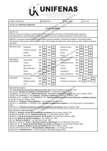 1 ANO: 2012 C/H: 100 DISCIPLINA: NUTRICAO E DIETETICA ...