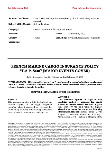 FRENCH MARINE CARGO INSURANCE POLICY ... - Fortunes de mer