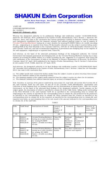 CUSTOMS NOTIFICATION No. 10/2011 Dated 16th ... - MCHAA