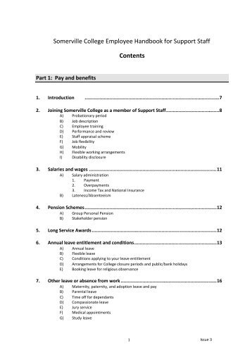 Somerville College Employee Handbook for Support Staff Contents