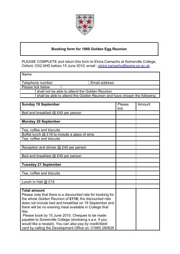 Booking form for 1960 Golden Egg Reunion PLEASE COMPLETE ...