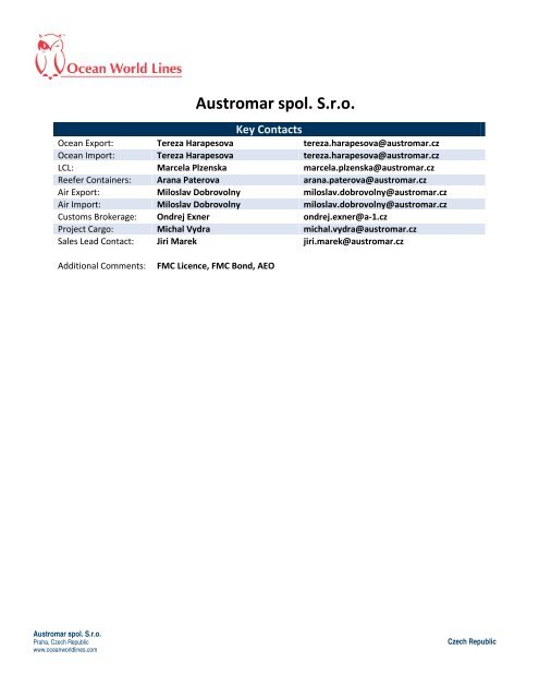 Austromar spol sro Praha, Czech Republic - Ocean World Lines