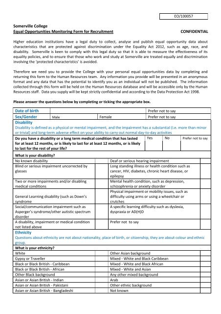 Somerville College Equal Opportunities Monitoring Form for ...