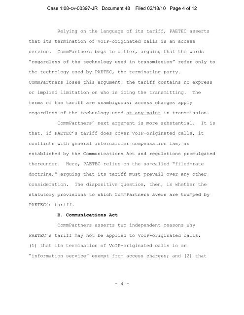 Paetec Communications v. CommPartners, LLC - Telecom Law ...