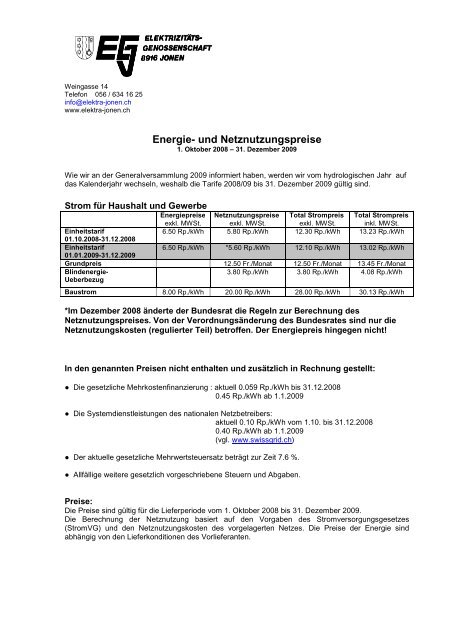 Energie- und Netznutzungspreise - Elektra Jonen