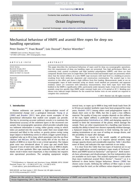 Mechanical behaviour of HMPE and aramid fibre ropes for ... - climcor