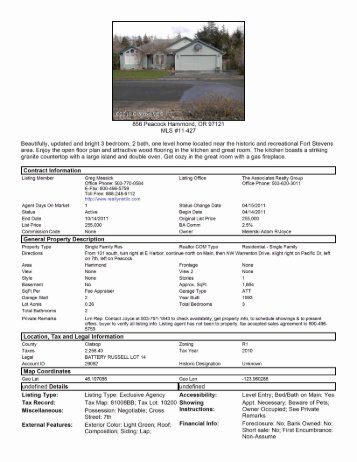 MLS Listing Sheet - Oregon Homes For Sale By Owner