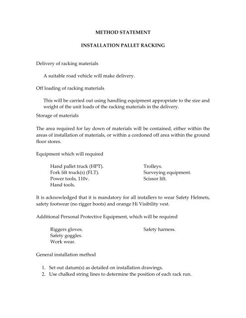 METHOD STATEMENT INSTALLATION PALLET RACKING Delivery ...