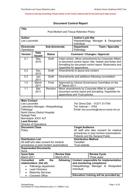 Post Mortem & Tissue Retention policy - Northern Devon Healthcare ...