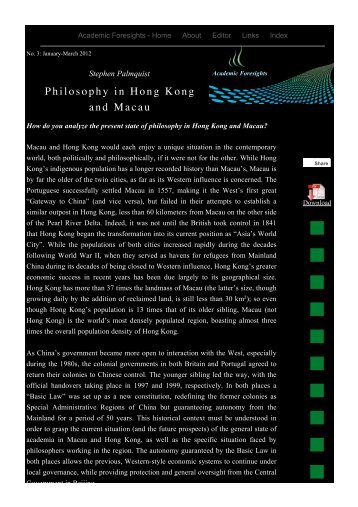 Philosophy in Hong Kong - Academic Foresights