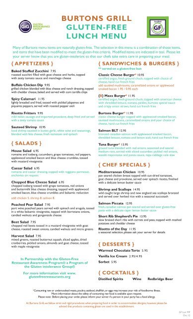 BURTONS GRILL GLUTEN FREE LUNCH MENU