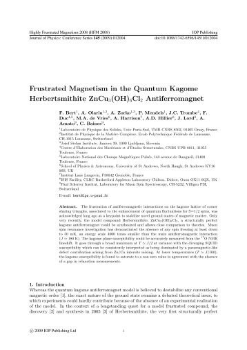 Frustrated Magnetism in the Quantum Kagome Herbertsmithite ...