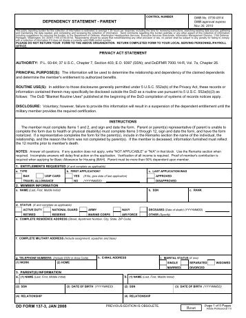 DD Form 137-3, Dependency Statement - Parent, January 2008
