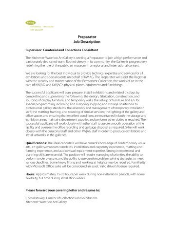 Preparator Job Description - Kitchener-Waterloo Art Gallery