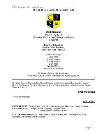 March 11, 2013 Work Session Minutes (pdf) - Cresskill Public Schools