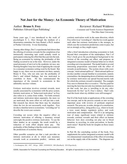 Not Just for the Money: An Economic Theory of Motivation - AFCPE