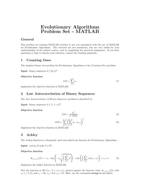 Evolutionary Algorithms Problem Set - MATLAB