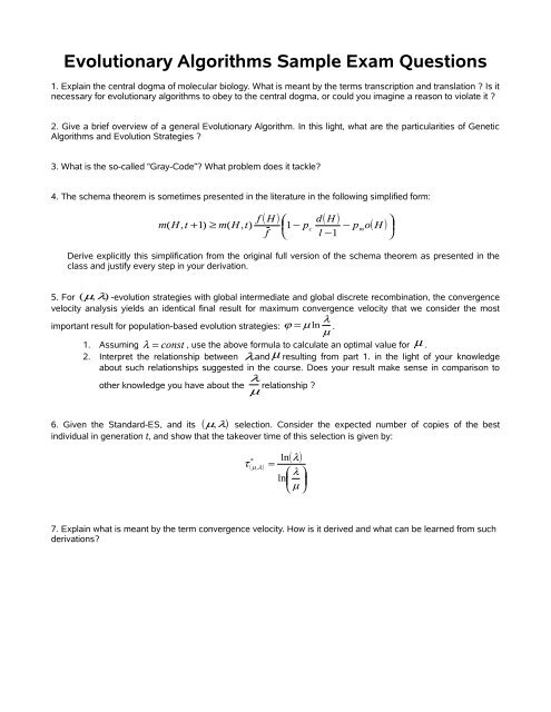 Evolutionary Algorithms Sample Exam Questions