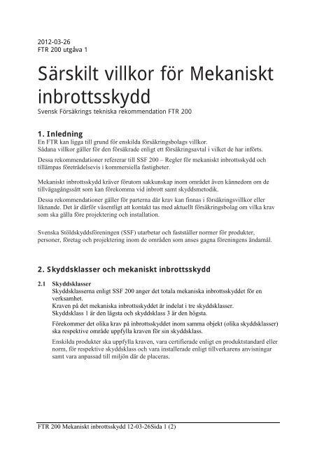 FTR 200 Mekaniskt inbrottsskydd - Svensk FÃ¶rsÃ¤kring