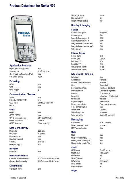Product Datasheet for Nokia N70 - Vodafone New Zealand
