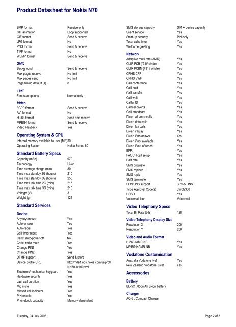 Product Datasheet for Nokia N70 - Vodafone New Zealand