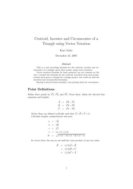 Centroid, Incenter and Circumcenter of a Triangle using ... - Kurt Nalty