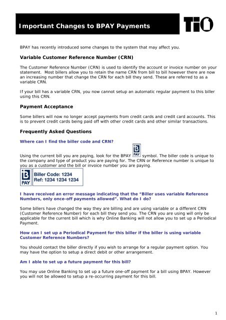 Changes to BPAY payments December 2011 - TIO