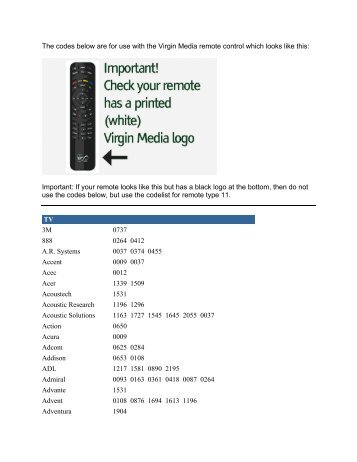 Remote Type 12 (UEI Codelist) - Virgin Media
