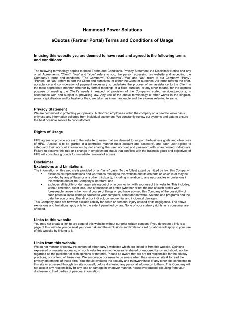 HPS E-Quotes Terms and Conditions - Hammond Power Solutions