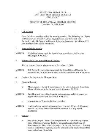 Minutes 2011 Annual General Meeting - saskatoon bridge club