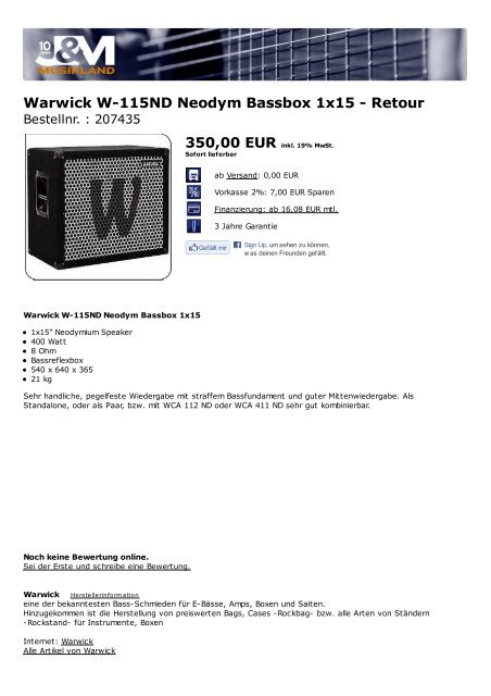 Warwick W-115ND Neodym Bassbox 1x15 - Retour