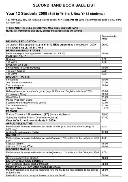 College Books For Sale >> Second Hand Book Sale List Mercedes College College Books For Sale >> Second Hand Book Sale List Mercedes College