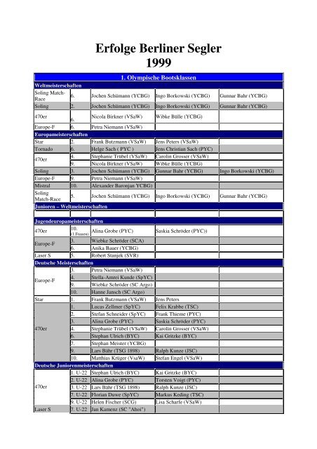 Erfolge Berliner Segler 1999 - Berliner Segler-Verband e.V.