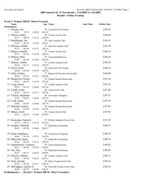 1/14/2005 to 1/16/2005 Results - Friday Evening ... - Swim Ontario