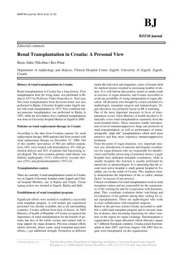 Renal Transplantation in Croatia: A Personal View - BANTAO Journal